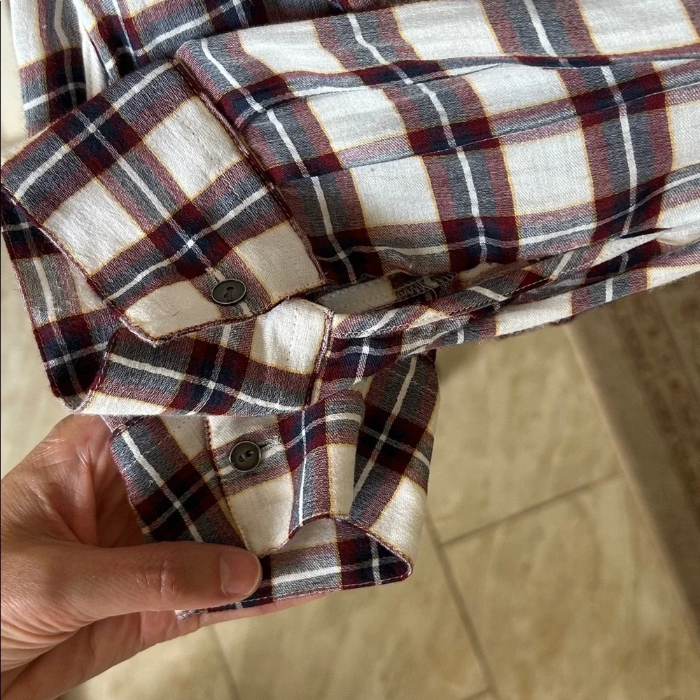 Ann Taylor loft white navy maroon plaid long sleeve boxy sheer blouse top M​​ - Picture 8 of 11
